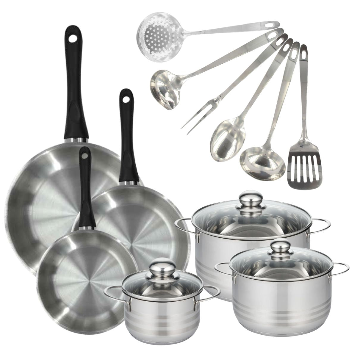 Set 3 poêles 20 24 28 cm, 3 faitouts 16, 20 et 24 cm en inox et 6 ustensiles inox  Geneva Fackelmann - Mathon - 1