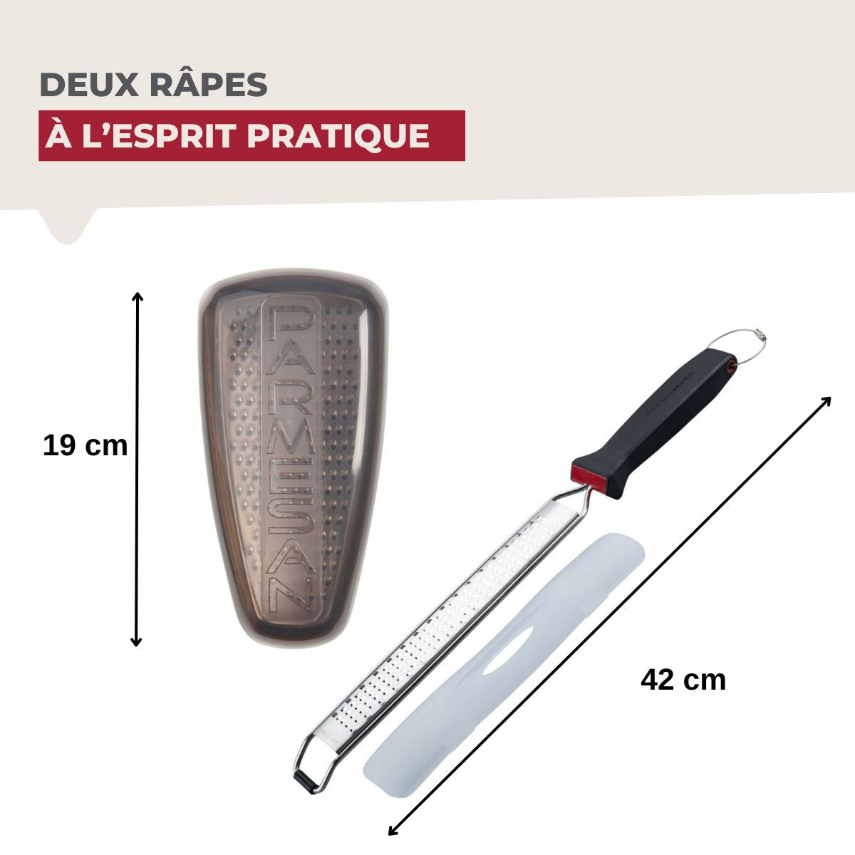 Duo Râpe à zeste longue à gros grain avec couvercle de protection 42 cm et Râpe à parmesan et sa boîte de rangement 19 cm  Gourmet Fackelmann - Mathon - 3