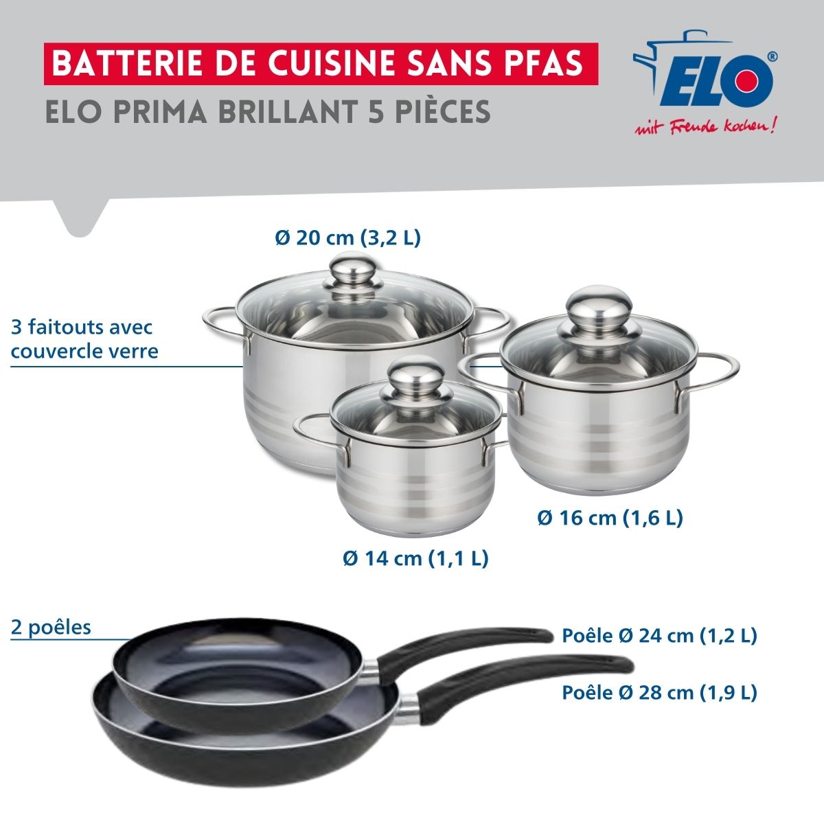 Ensemble de 2 Poêles de cuisson 24 et 28 cm et 3 faitouts 14, 16 et 20 cm  Prima Brillant Elo - Mathon - 2