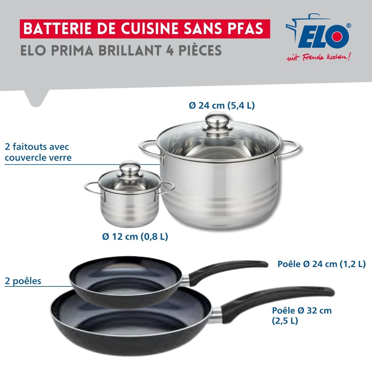 Ensemble de 2 Poêles de cuisson 24 et 32 cm et 2 faitouts 12 et 24 cm  Prima Brillant Elo - Mathon - 2