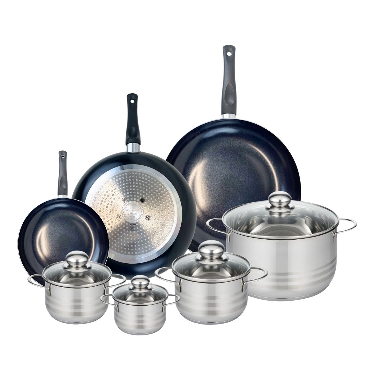 Ensemble de 3 Poêles de cuisson 20, 28 et 32 cm et 4 faitouts 12, 14, 16 et 24 cm  Prima Brillant Elo - Mathon - 1