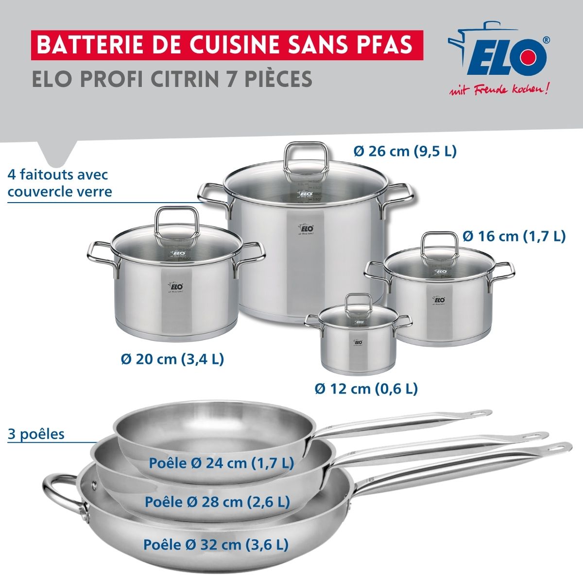 Ensemble de 3 Poêles de cuisson 24, 28 et 32 cm et 4 faitouts 12, 16, 20 et 26 cm  Profi Citrin Elo - Mathon - 2