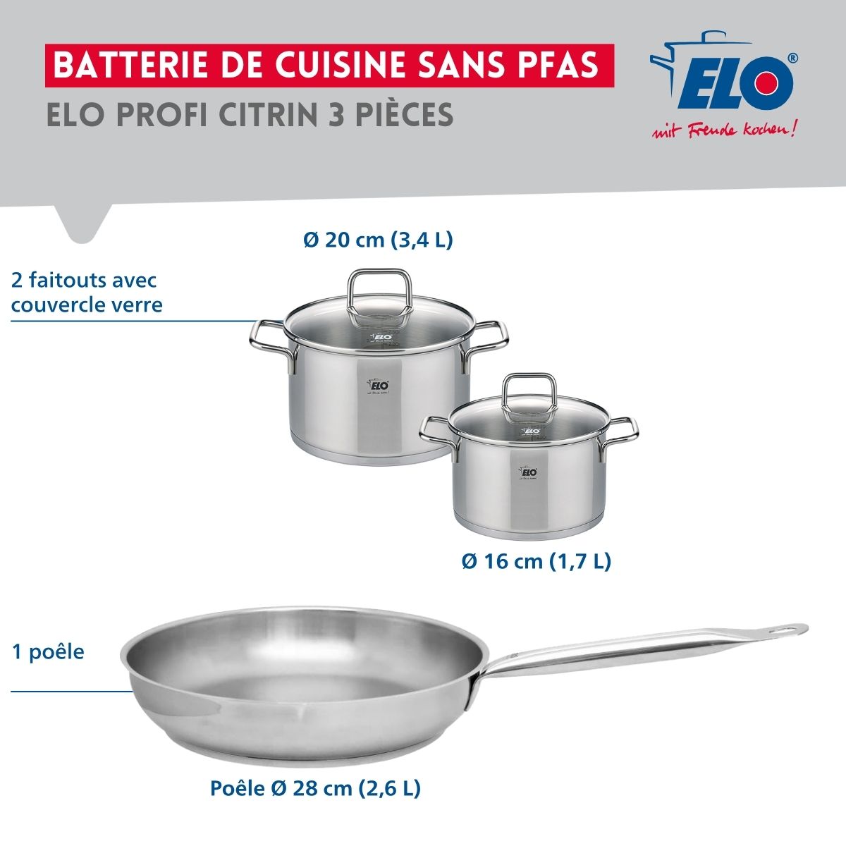Ensemble de 1 Poêle de cuisson 28 cm et 2 faitouts 16 et 20 cm  Profi Citrin Elo - Mathon - 2