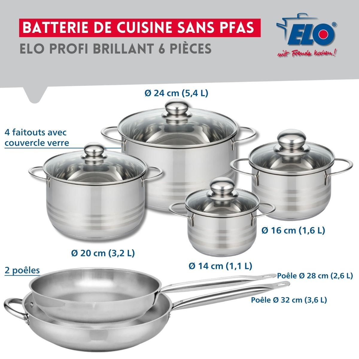 Ensemble de 2 Poêles de cuisson 28 et 32 cm et 4 faitouts 14, 16, 20 et 24 cm  Profi Brillant Elo - Mathon - 2