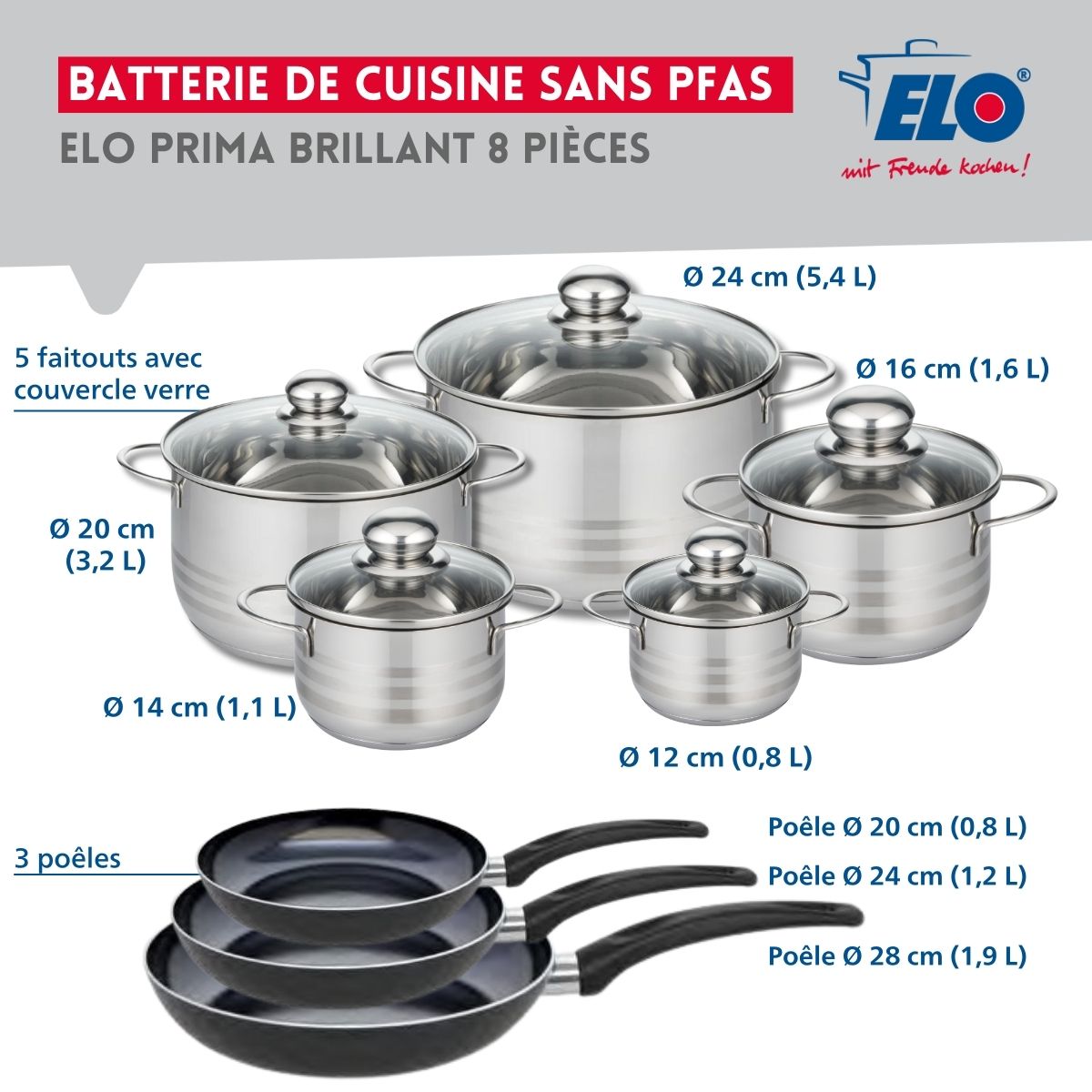 Ensemble de 3 Poêles de cuisson 20, 24 et 28 cm et 5 faitouts 12, 14, 16, 20 et 24 cm  Prima Brillant Elo - Mathon - 2