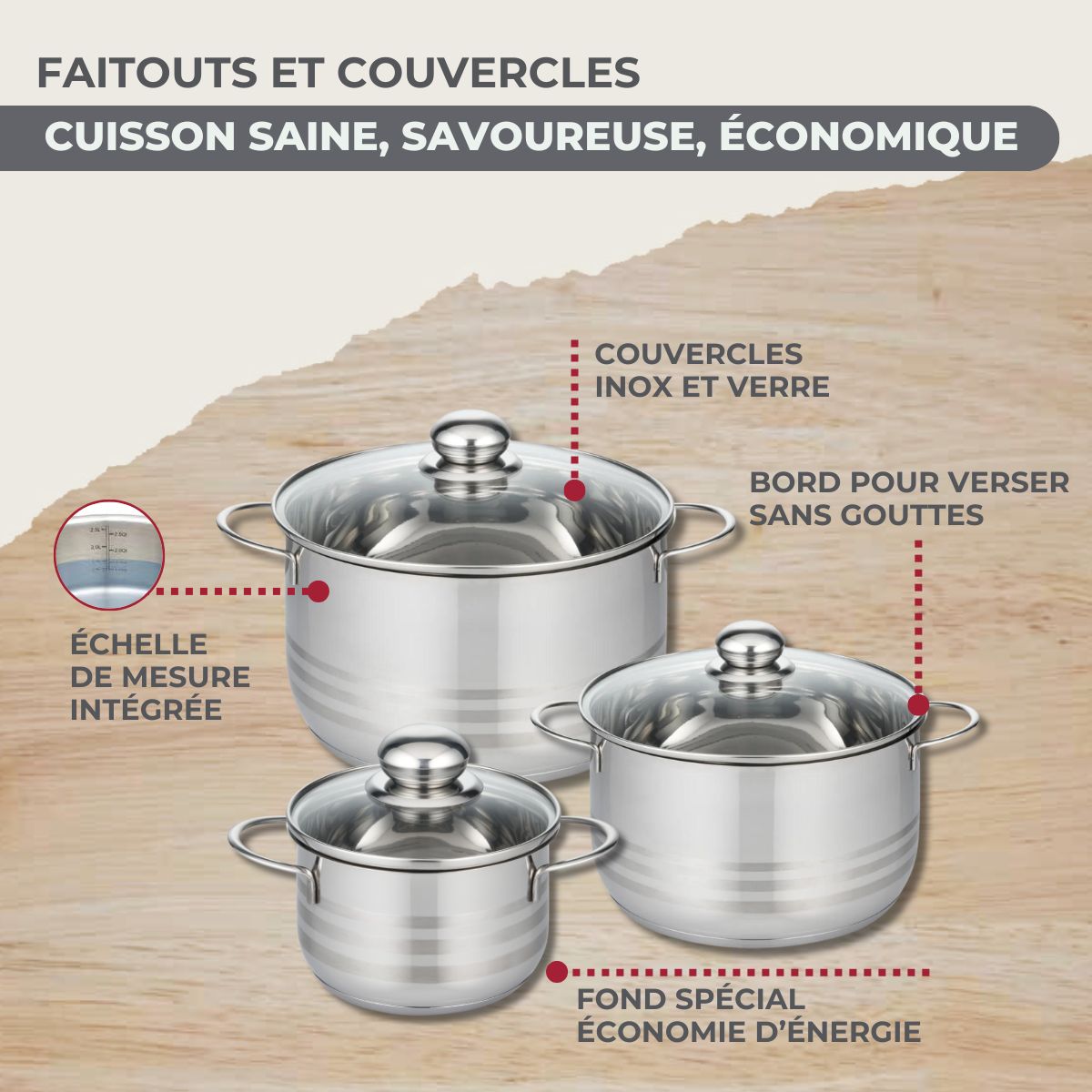 Lot 3 Poêles Inox 20/24/28cm   Geneva & 3 Faitouts 16/20/24cm avec 5 Ustensiles Fackelmann - Mathon - 7