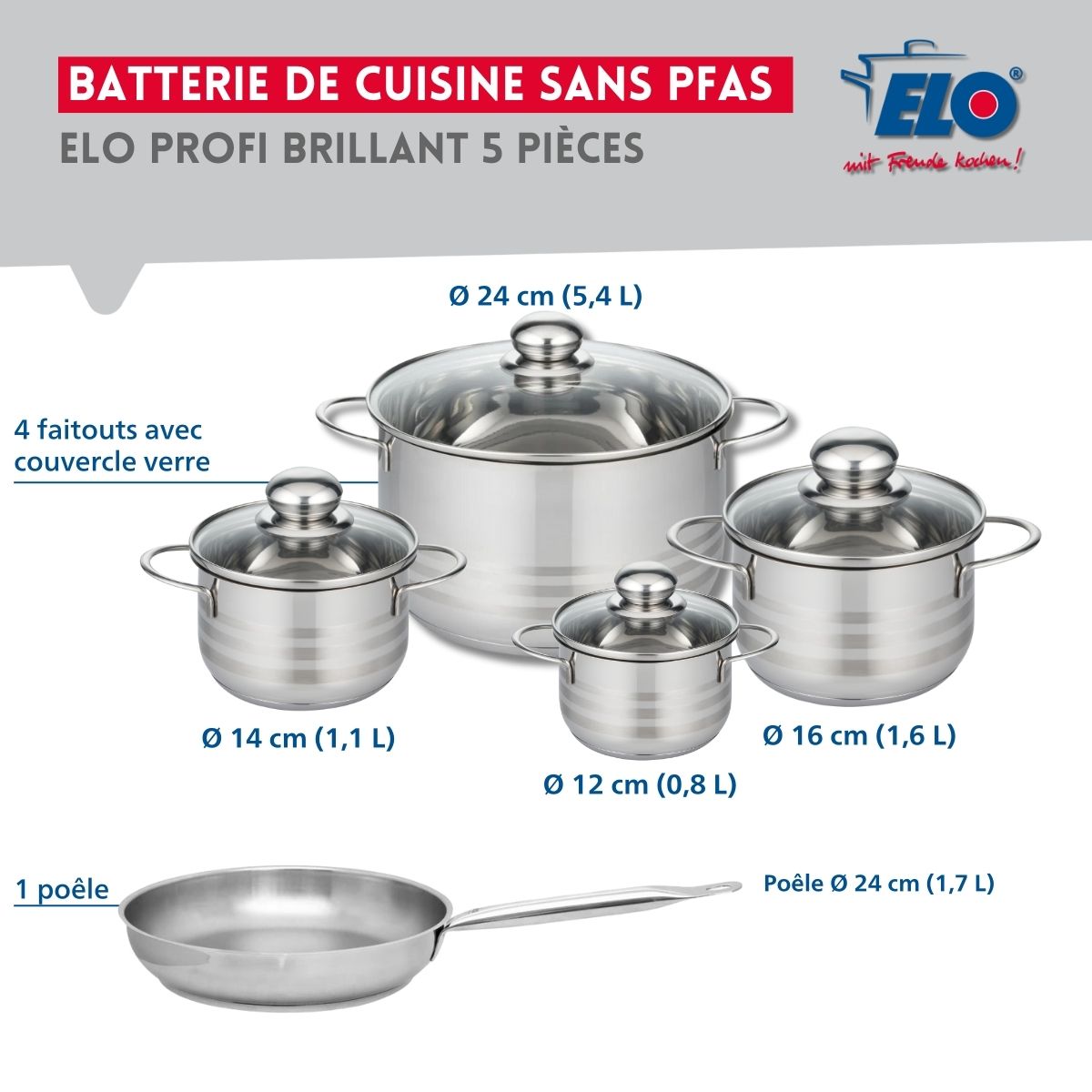 Ensemble de 1 Poêle de cuisson 24 cm et 4 faitouts 12, 14, 16 et 24 cm  Profi Brillant Elo - Mathon - 2