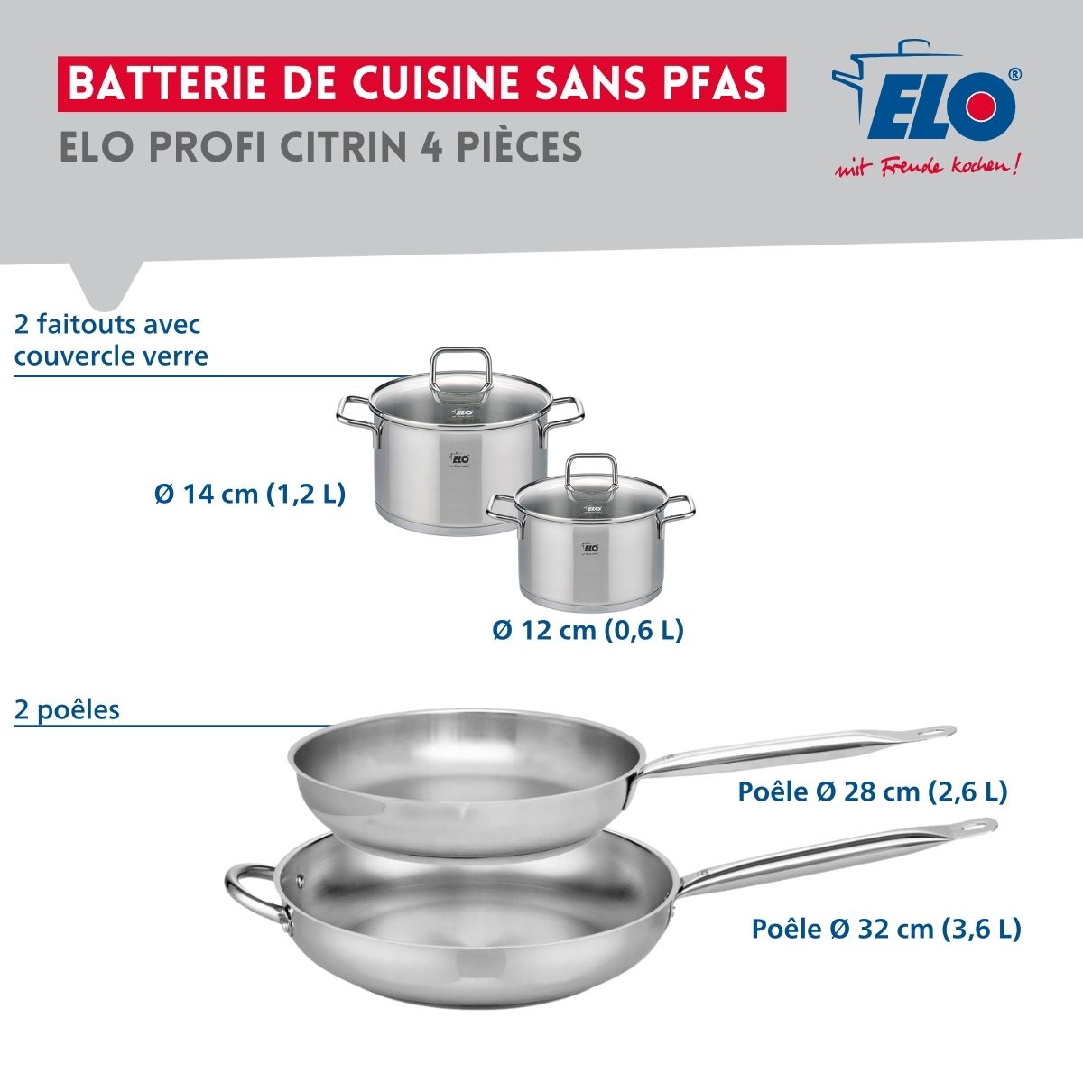 Ensemble de 2 Poêles de cuisson 28 et 32 cm et 2 faitouts 12 et 14 cm  Profi Citrin Elo - Mathon - 2