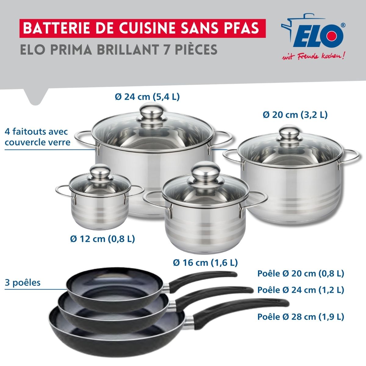 Ensemble de 3 Poêles de cuisson 20, 24 et 28 cm et 4 faitouts 12, 16, 20 et 24 cm  Prima Brillant Elo - Mathon - 2