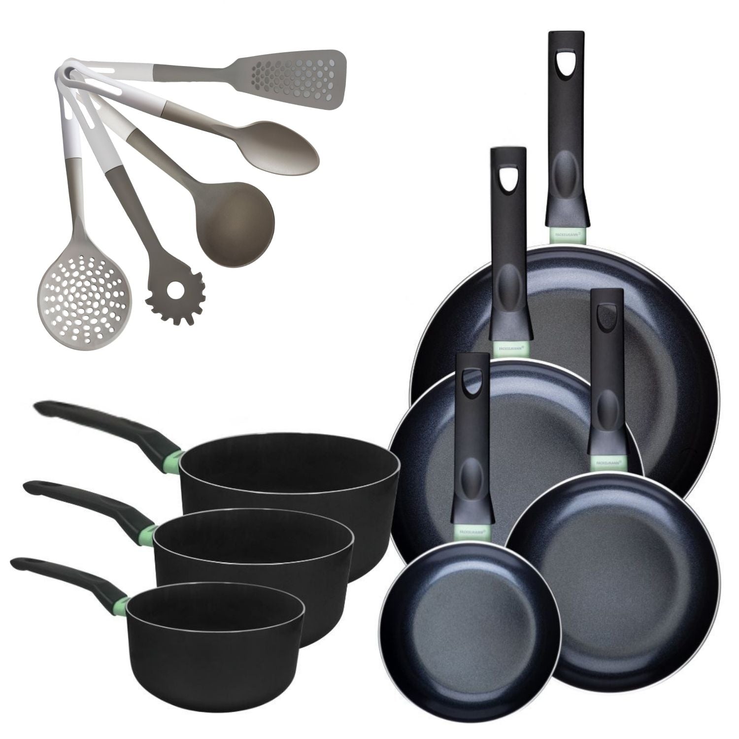 Lot de 4 Poêles 16/20/24/28 cm et 3 Casseroles 16/18/20 cm  Brandao avec 5 ustensiles de cuisine Fackelmann - Mathon - 1
