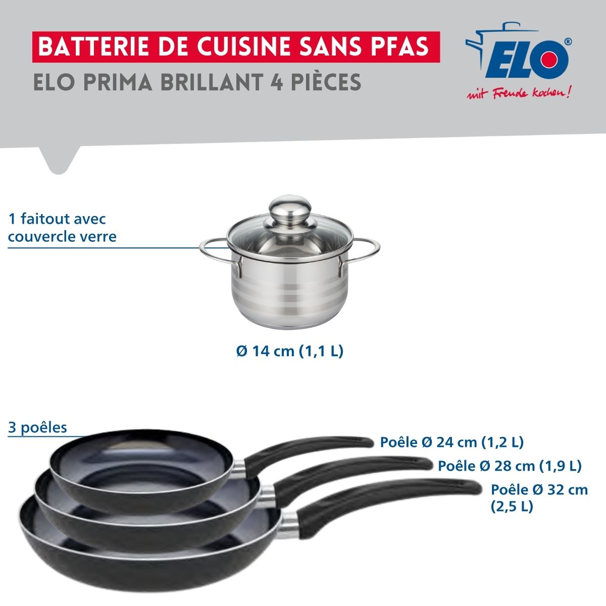 Ensemble de 3 Poêles de cuisson 24, 28 et 32 cm et 1 faitout 14 cm  Prima Brillant Elo - Mathon - 2
