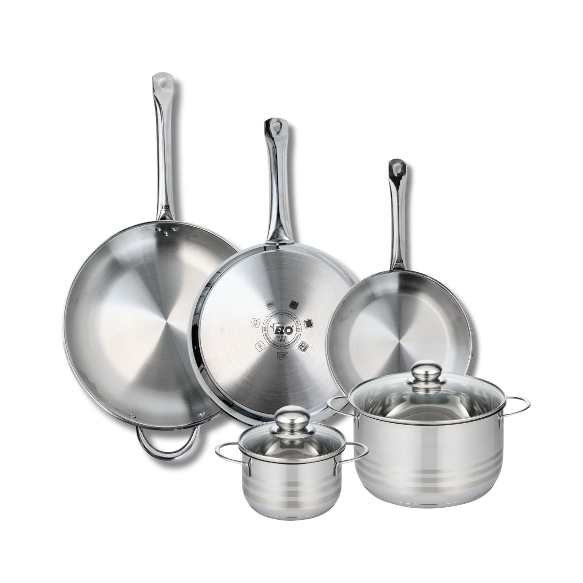 Ensemble de 3 Poêles de cuisson 24, 28 et 32 cm et 2 faitouts 14 et 20 cm  Profi Brillant Elo - Mathon - 1