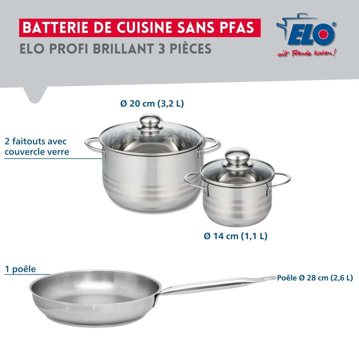 Ensemble de 1 Poêle de cuisson 28 cm et 2 faitouts 14 et 20 cm  Profi Brillant Elo - Mathon - 2