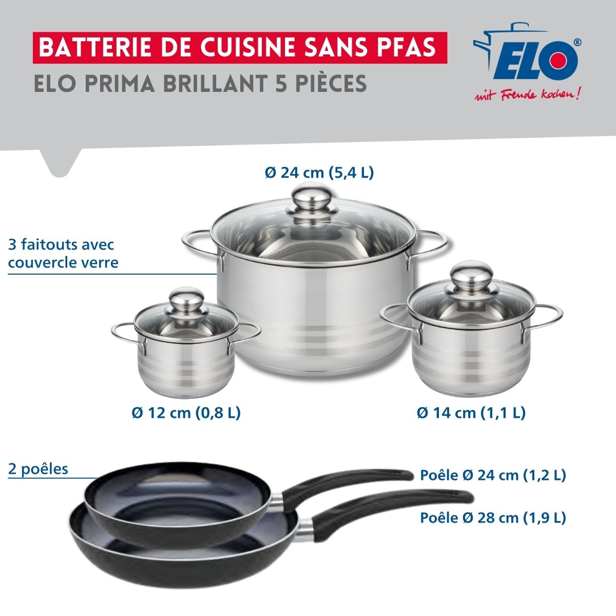 Ensemble de 2 Poêles de cuisson 24 et 28 cm et 3 faitouts 12, 14 et 24 cm  Prima Brillant Elo - Mathon - 2