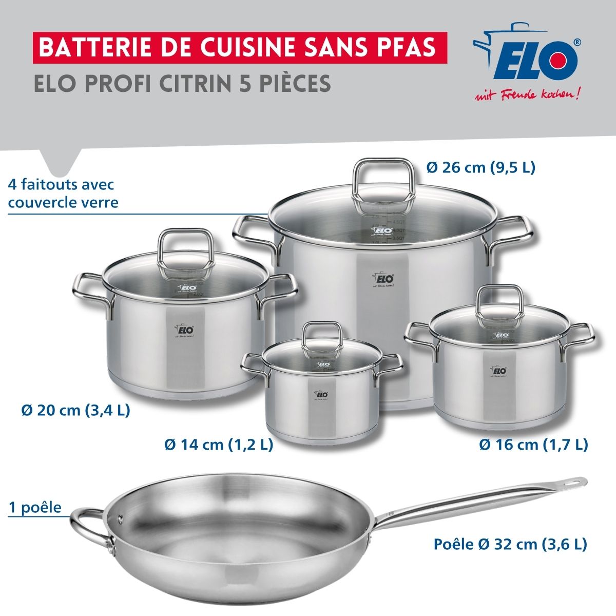 Set de 1 Poêle de cuisson 32 cm et 4 faitouts 14, 16, 20 et 26 cm  Profi Citrin Elo - Mathon - 2