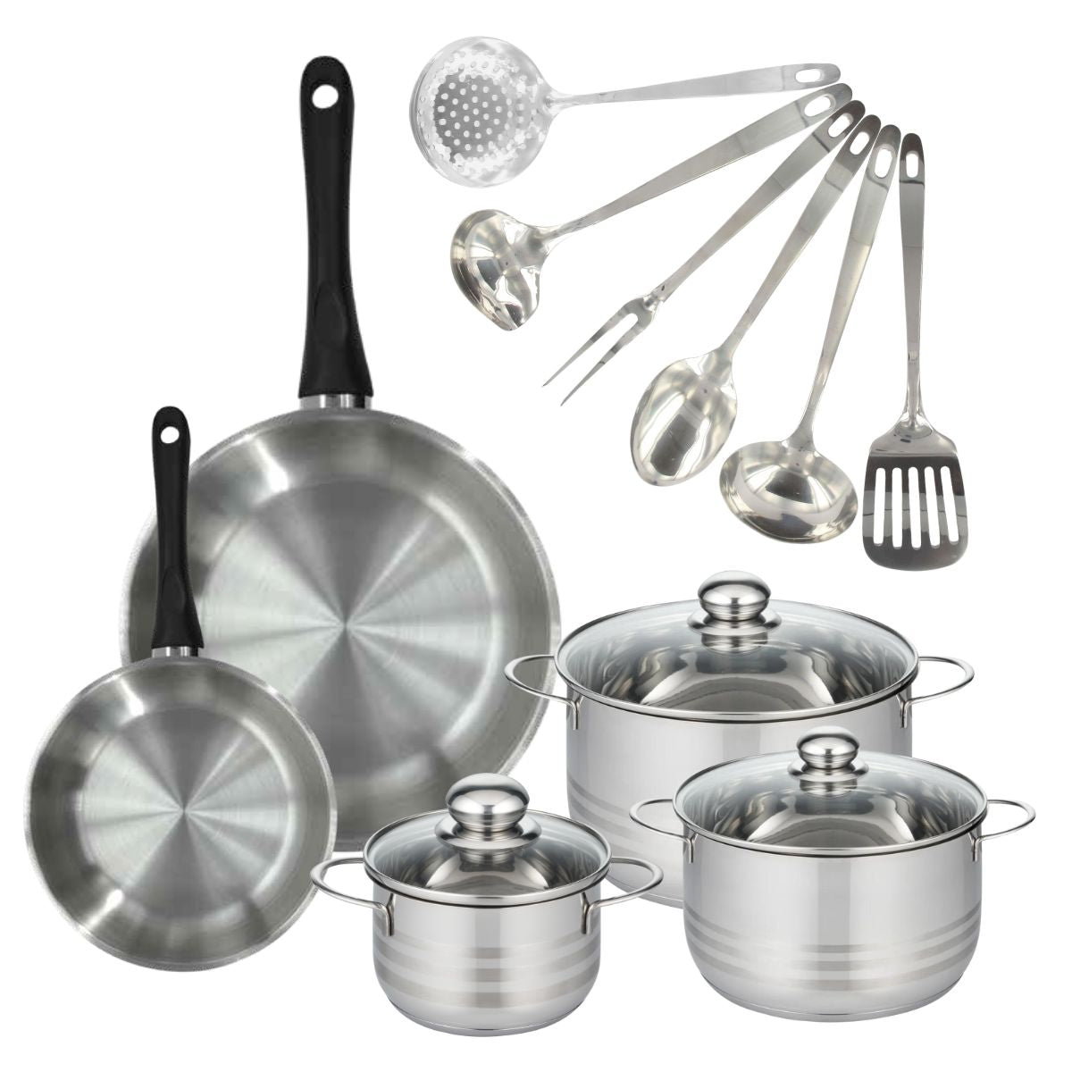 Set 2 poêles 20 28 cm, 3 faitouts 16, 20 et 24 cm en inox et 6 ustensiles inox  Geneva Fackelmann - Mathon - 1