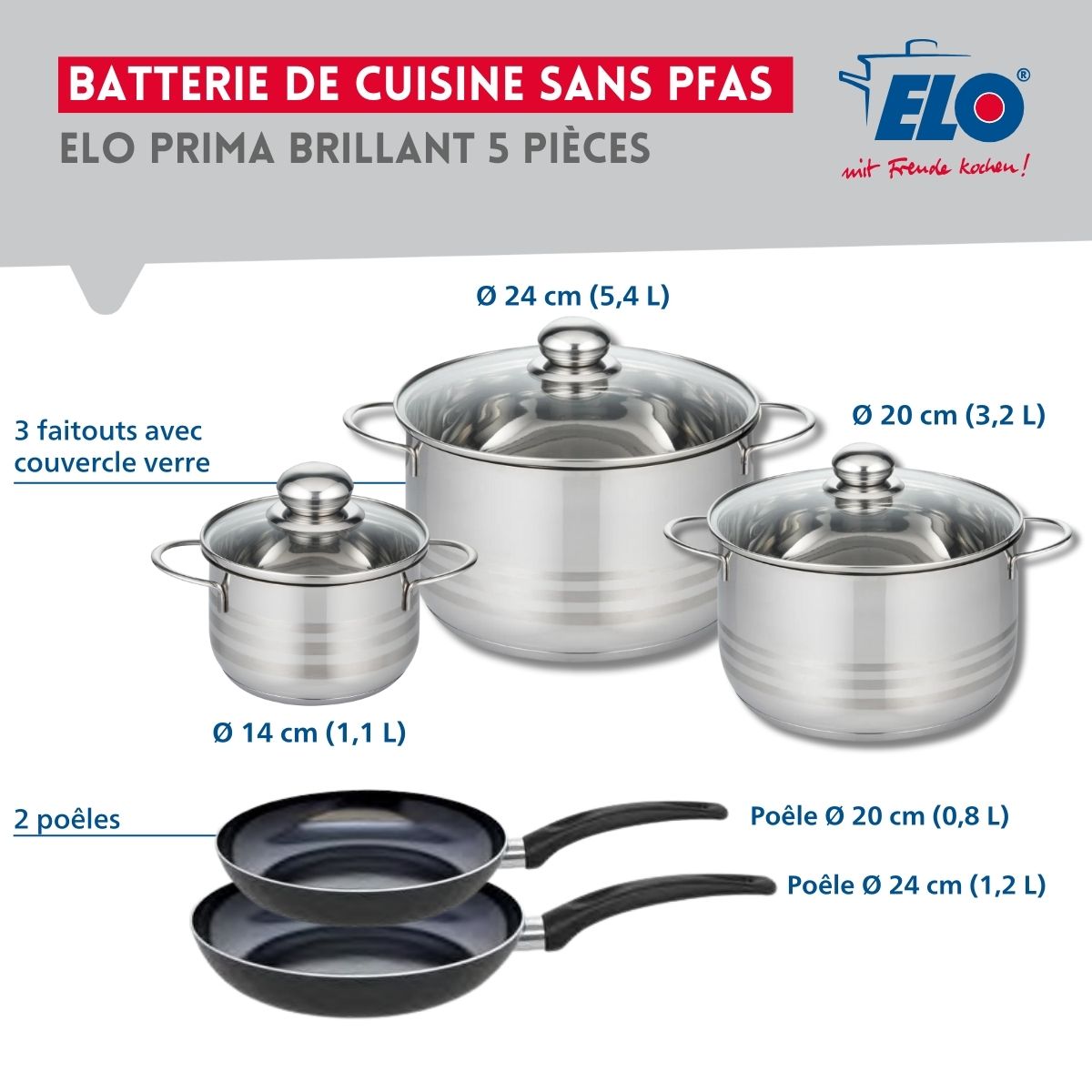 Ensemble de 2 Poêles de cuisson 20 et 24 cm et 3 faitouts 14, 20 et 24 cm  Prima Brillant Elo - Mathon - 2
