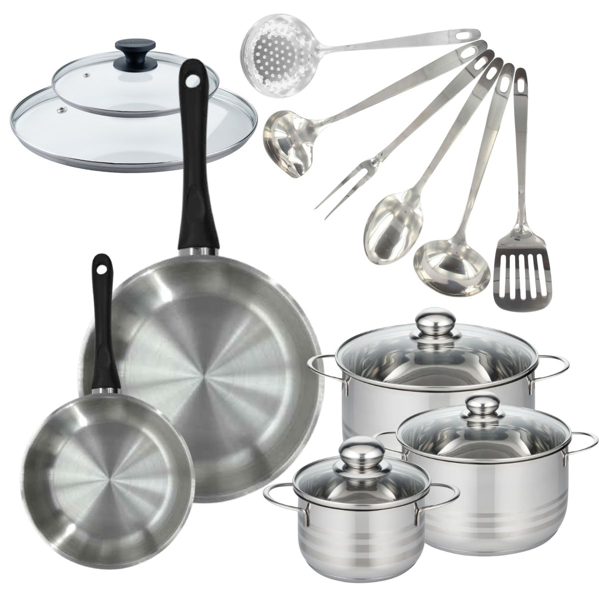 Set de 2 poêles 20, 28 cm inox, couvercles verre, 3 faitouts inox 16, 20 et 24 cm et 6 ustensiles inox  Geneva Fackelmann - Mathon - 1