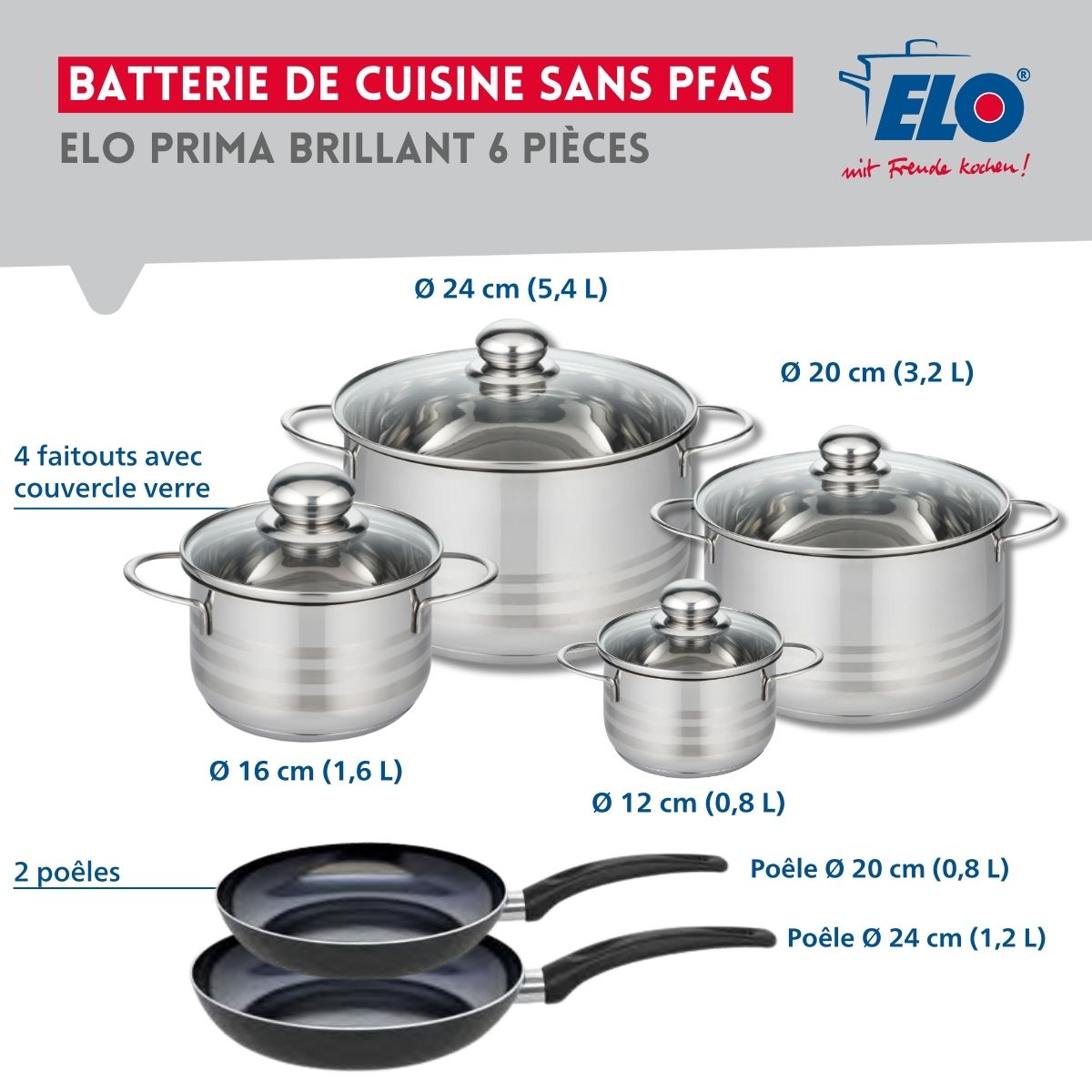 Ensemble de 2 Poêles de cuisson 20 et 24 cm et 4 faitouts 12, 16, 20 et 24 cm  Prima Brillant Elo - Mathon - 2