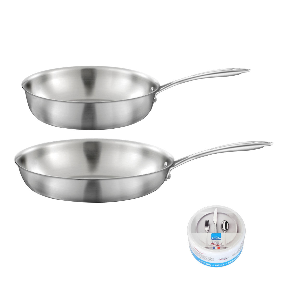 Gourmet - Lot de 1 poêle inox 28 cm, 1 sauteuse inox 24 cm, 1 pierre d