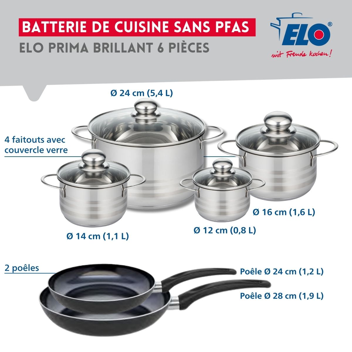 Ensemble de 2 Poêles de cuisson 24 et 28 cm et 4 faitouts 12, 14, 16 et 24 cm  Prima Brillant Elo - Mathon - 2