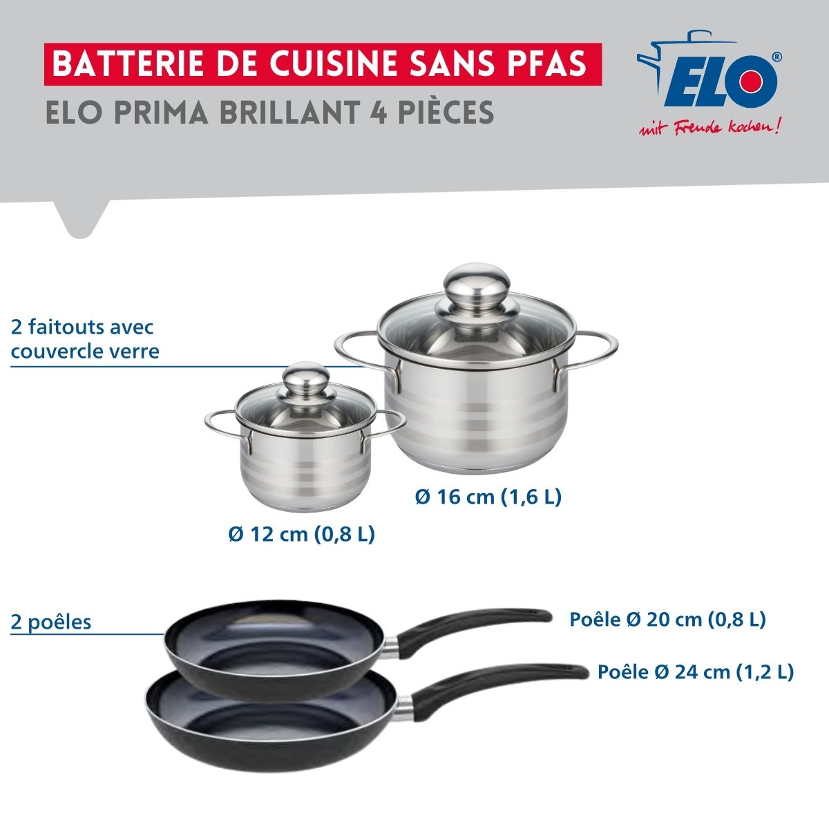Ensemble de 2 Poêles de cuisson 20 et 24 cm et 2 faitouts 12 et 16 cm  Prima Brillant Elo - Mathon - 2