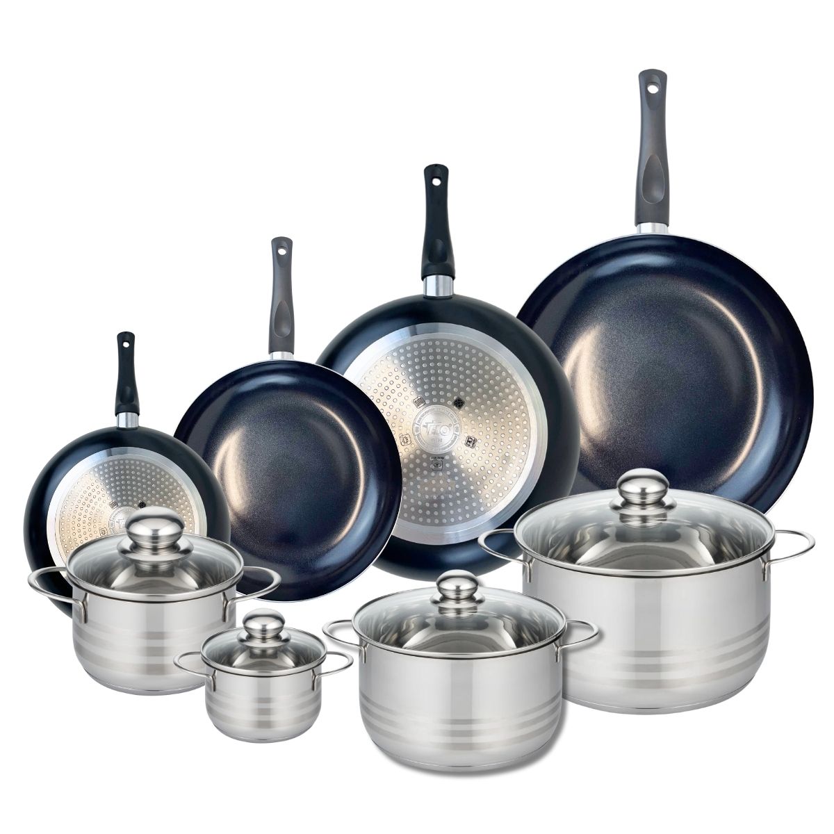 Ensemble de 4 Poêles de cuisson 20, 24, 28 et 32 cm et 4 faitouts 12, 16, 20 et 24 cm  Prima Brillant Elo - Mathon - 1