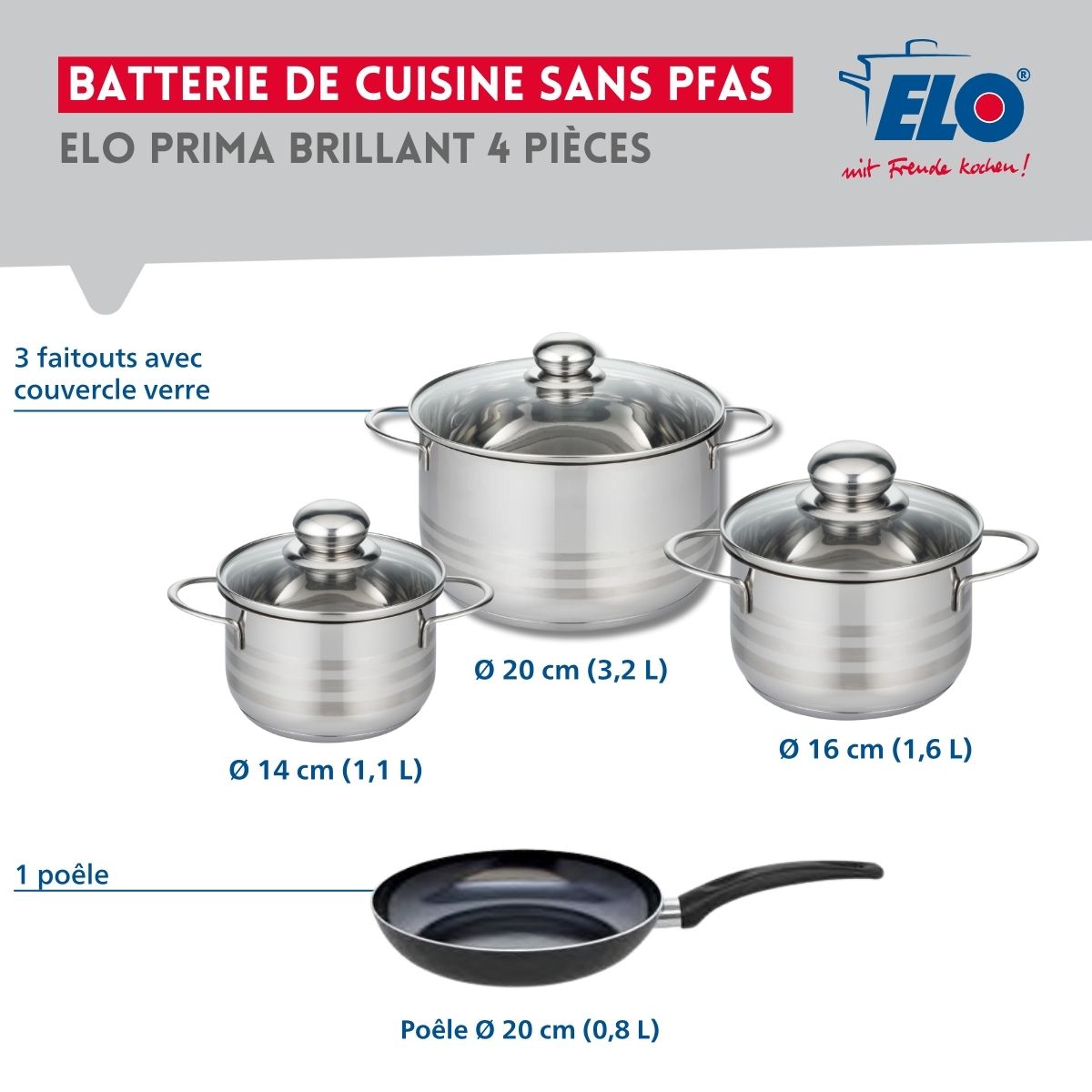 Ensemble de 1 Poêle de cuisson 20 cm et 3 faitouts 14, 16 et 20 cm  Prima Brillant Elo - Mathon - 2