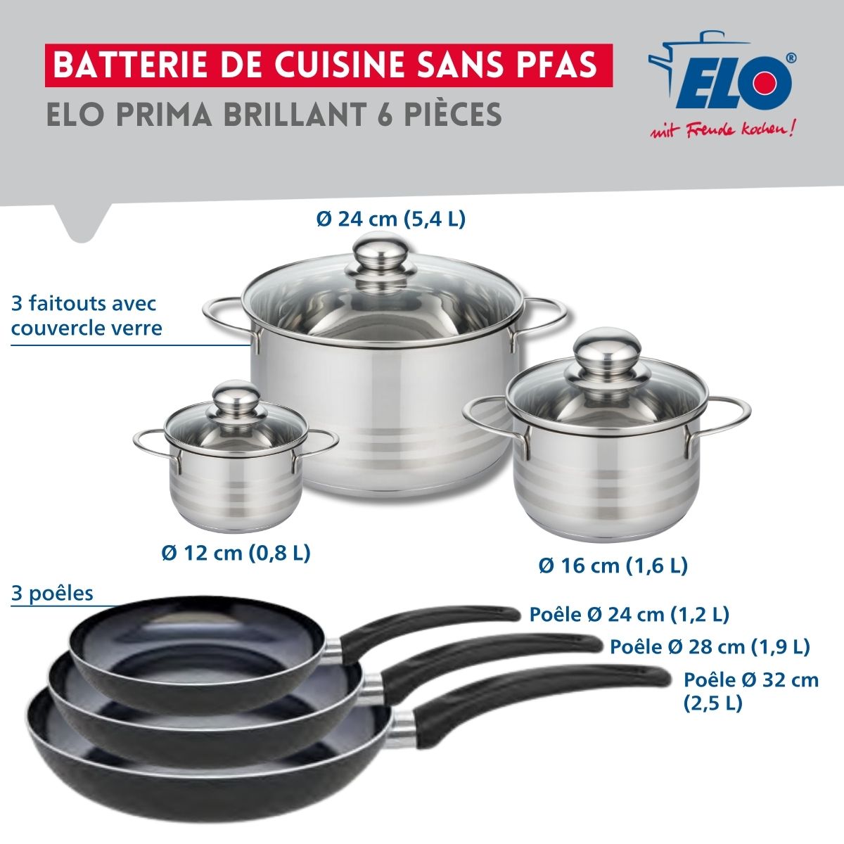 Ensemble de 3 Poêles de cuisson 24, 28 et 32 cm et 3 faitouts 12, 16 et 24 cm  Prima Brillant Elo - Mathon - 2