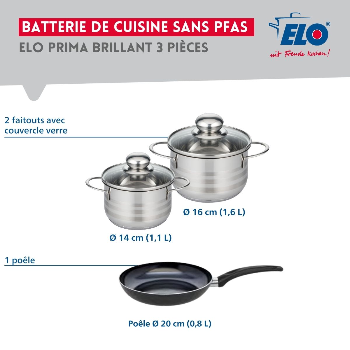 Ensemble de 1 Poêle de cuisson 20 cm et 2 faitouts 14 et 16 cm  Prima Brillant Elo - Mathon - 2