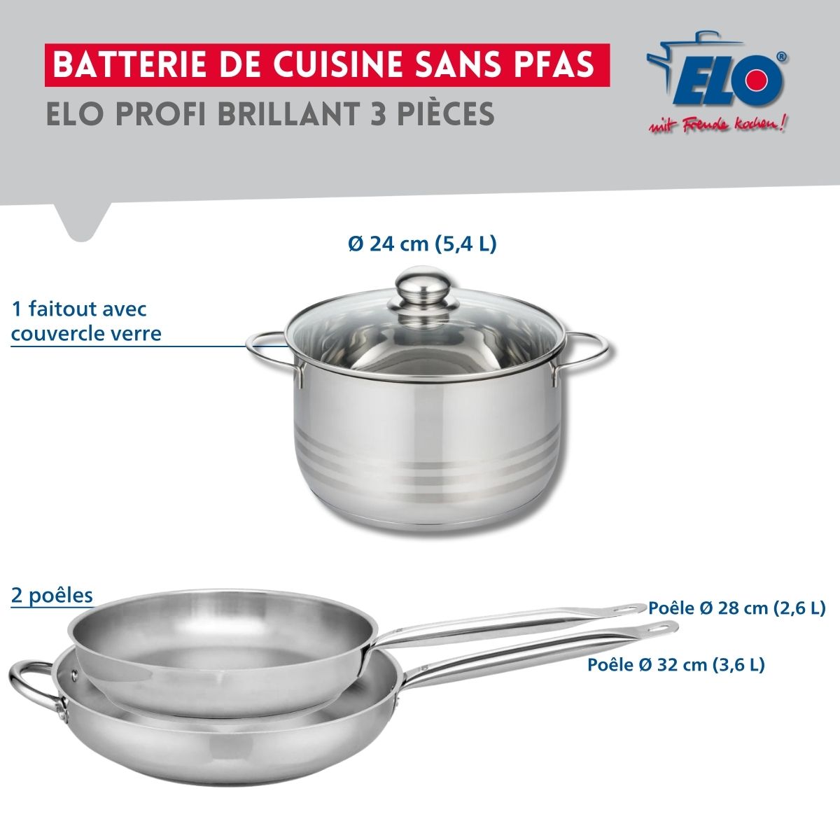 Ensemble de 2 Poêles de cuisson 28 et 32 cm et 1 faitout 24 cm  Profi Brillant Elo - Mathon - 2