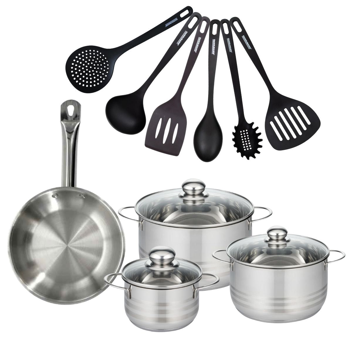 Set 1 poêle 24 cm en inox, 3 faitouts inox 16, 20 et 24 cm et 6 ustensiles RPET  Eterna Fackelmann - Mathon - 1