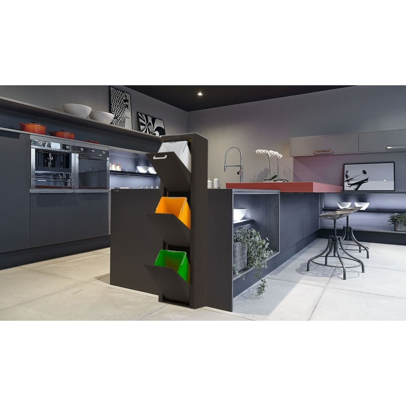 Poubelle cuisine de tri sélectif CUBEK, 3 compartiments de 20 litres, Noir Don Hierro - Mathon - 5