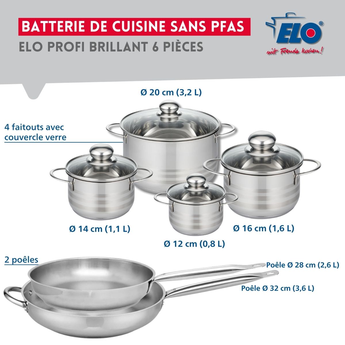 Ensemble de 2 Poêles de cuisson 28 et 32 cm et 4 faitouts 12, 14, 16 et 20 cm  Profi Brillant Elo - Mathon - 2
