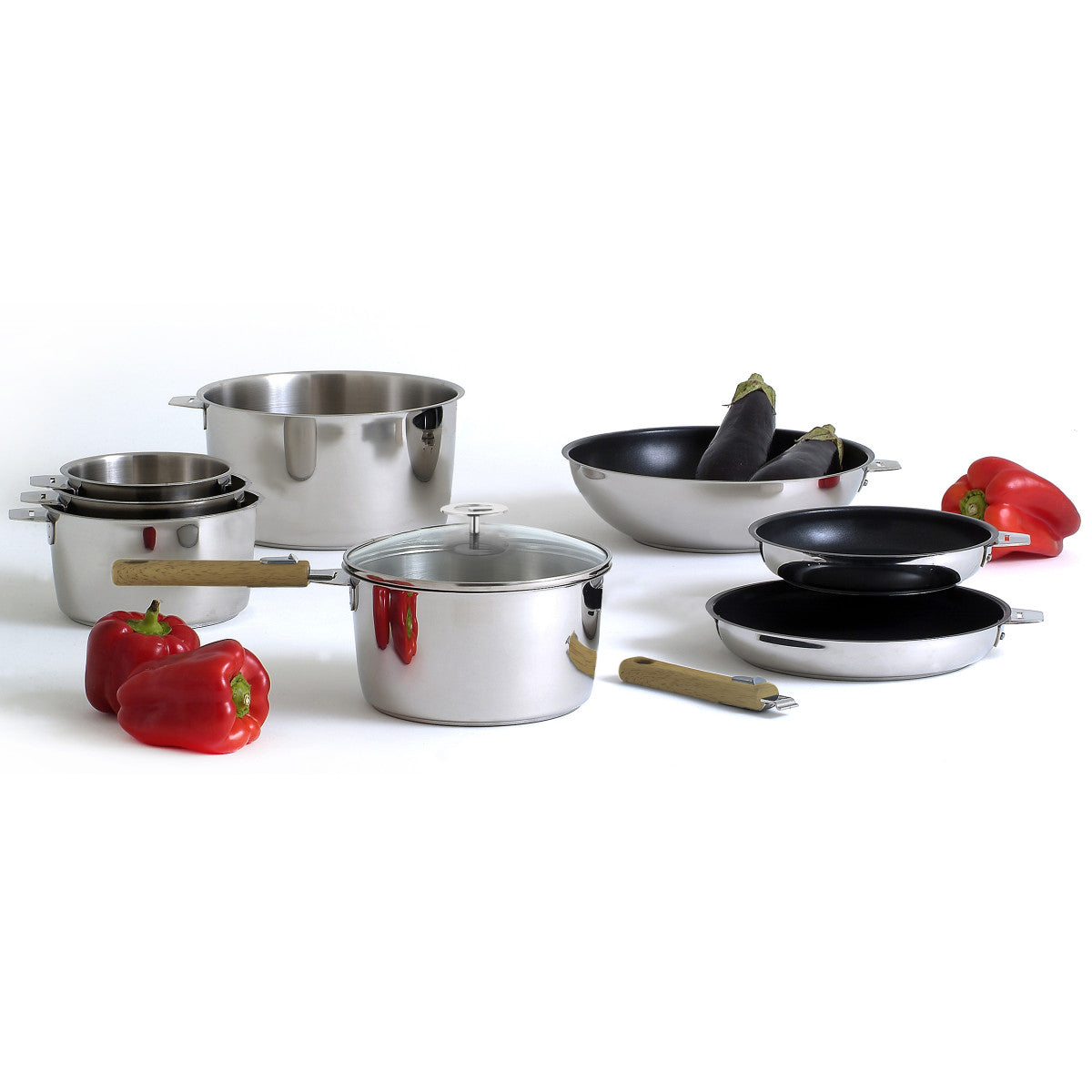 Malice - Série de 3 casseroles 16/18/20cm inox avec poignée effet bois clair Cuisinox - Mathon - 3