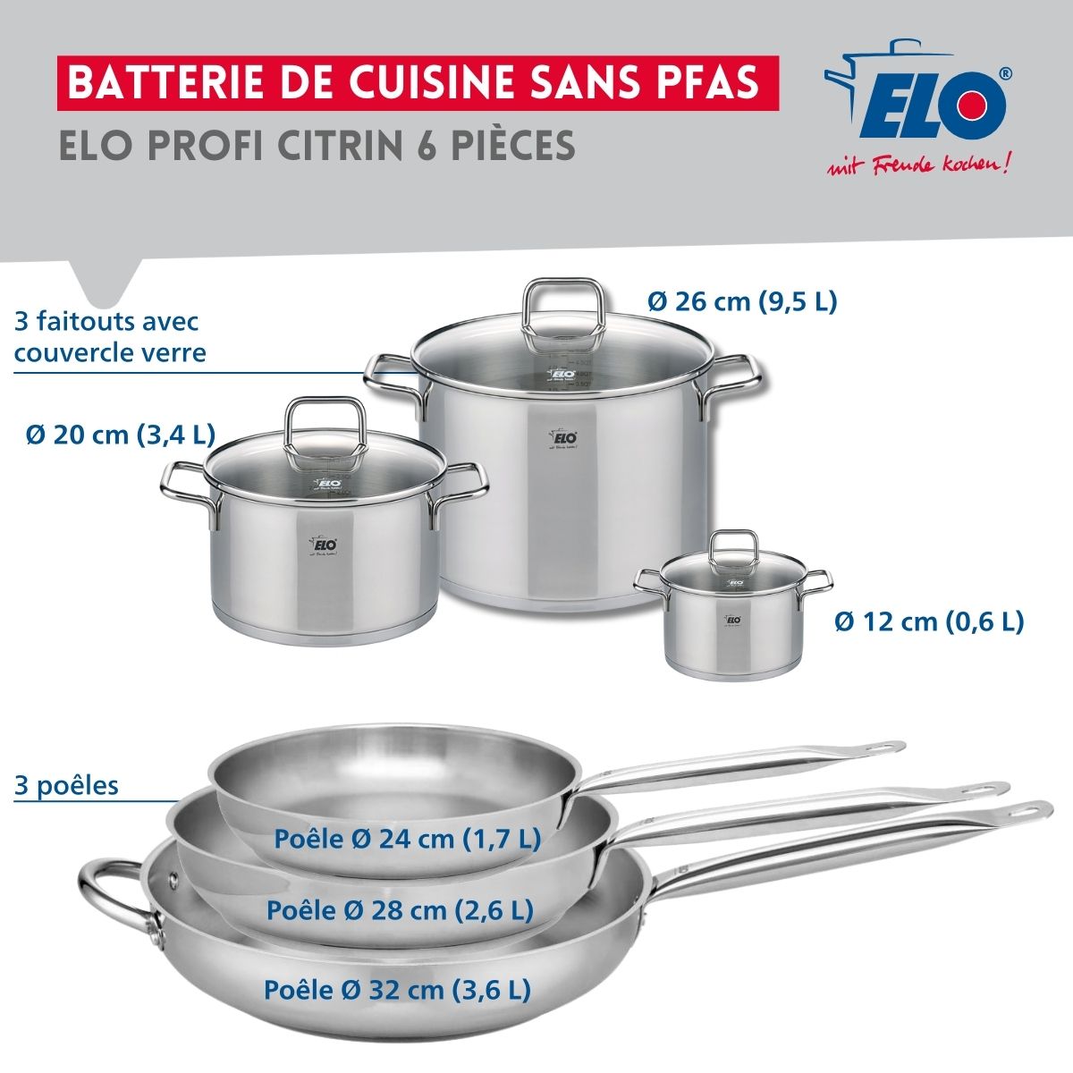 Ensemble de 3 Poêles de cuisson 24, 28 et 32 cm et 3 faitouts 12, 20 et 26 cm  Profi Citrin Elo - Mathon - 2