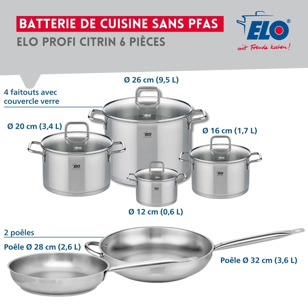 Ensemble de 2 Poêles de cuisson 28 et 32 cm et 4 faitouts 12, 16, 20 et 26 cm  Profi Citrin Elo - Mathon - 2