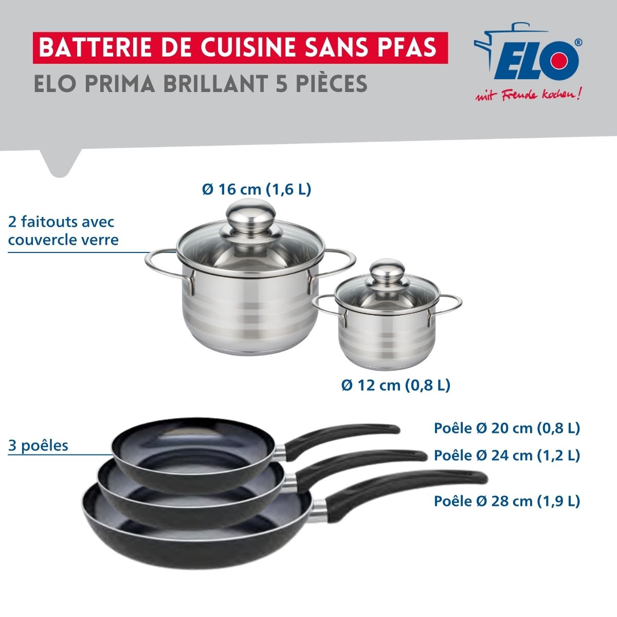 Ensemble de 3 Poêles de cuisson 20, 24 et 28 cm et 2 faitouts 12 et 16 cm  Prima Brillant Elo - Mathon - 2