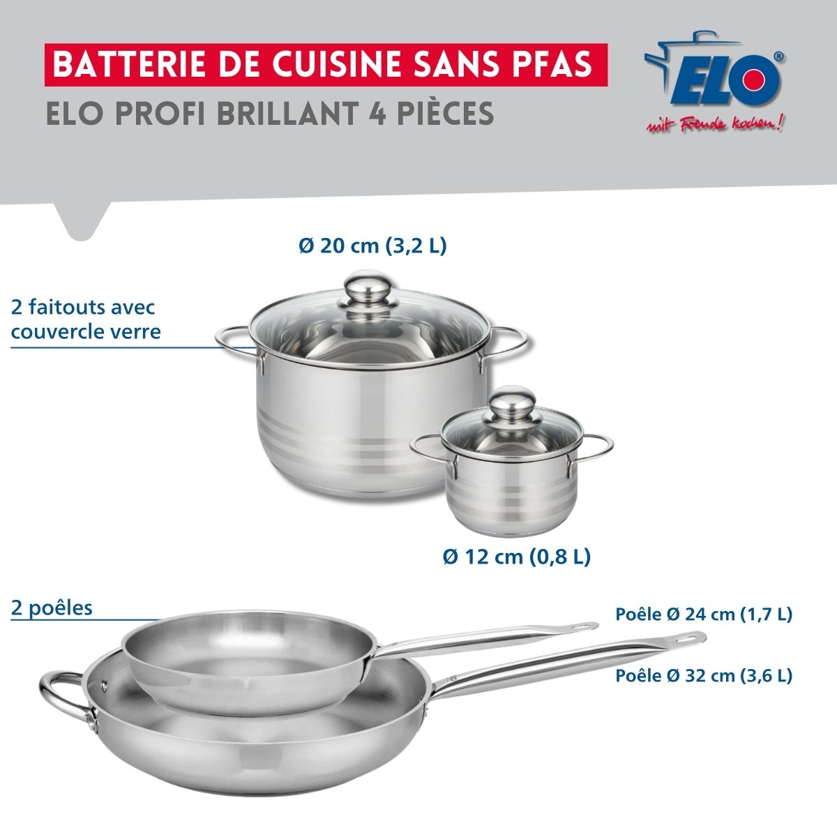 Ensemble de 2 Poêles de cuisson 24 et 32 cm et 2 faitouts 12 et 20 cm  Profi Brillant Elo - Mathon - 2