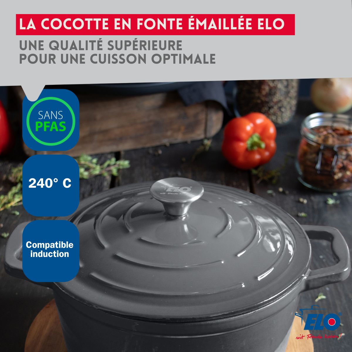 Cocotte en fonte émaillée basse gris classique 28 cm 2,8 L Elo - Mathon - 6