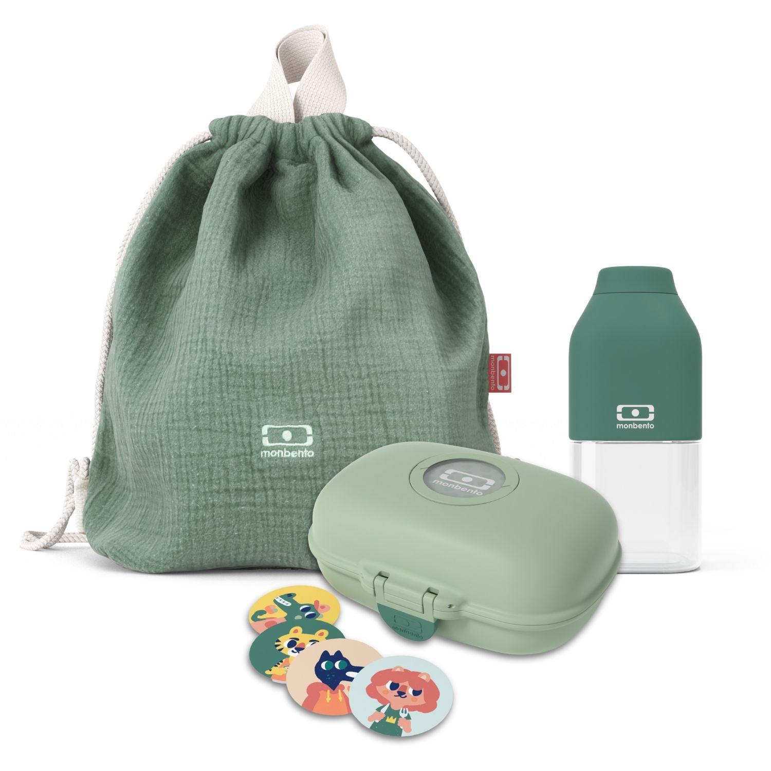 Set boîte à goûter enfants 600ml Vert + Bouteille 330ml + Sac à dos Monbento - Mathon - 1