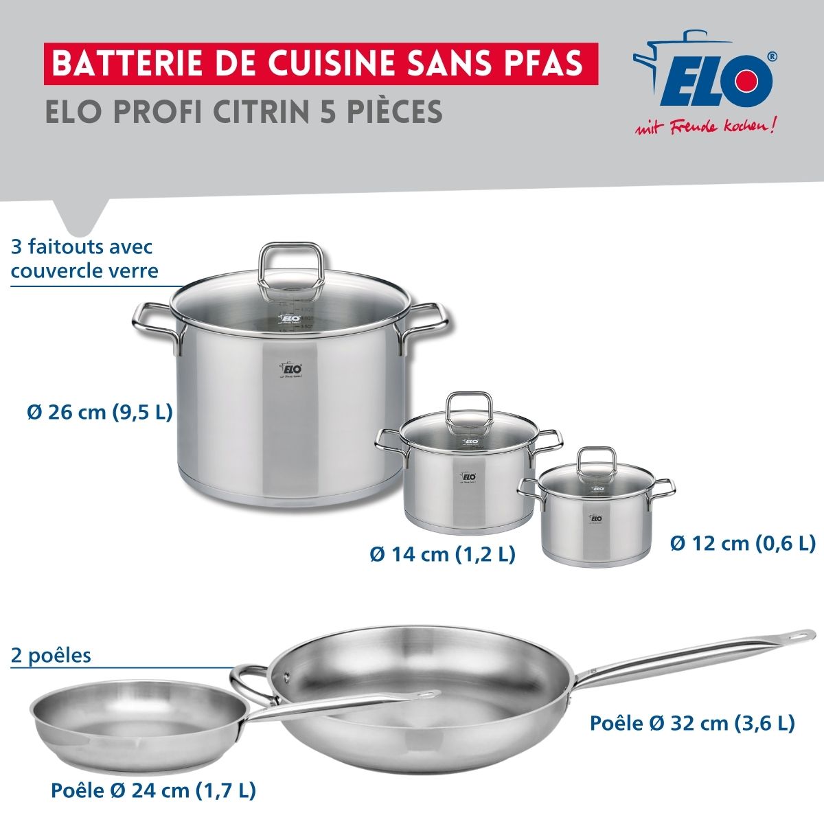 Ensemble de 2 Poêles de cuisson 24 et 32 cm et 3 faitouts 12, 14 et 26 cm  Profi Citrin Elo - Mathon - 2