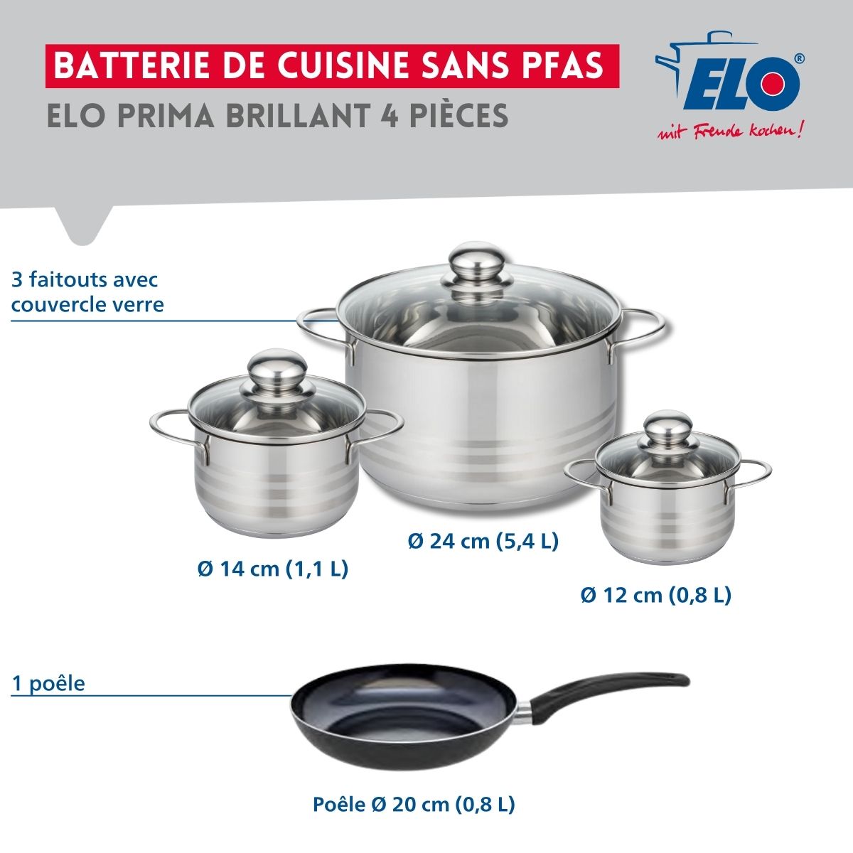 Ensemble de 1 Poêle de cuisson 20 cm et 3 faitouts 12, 14 et 24 cm  Prima Brillant Elo - Mathon - 2