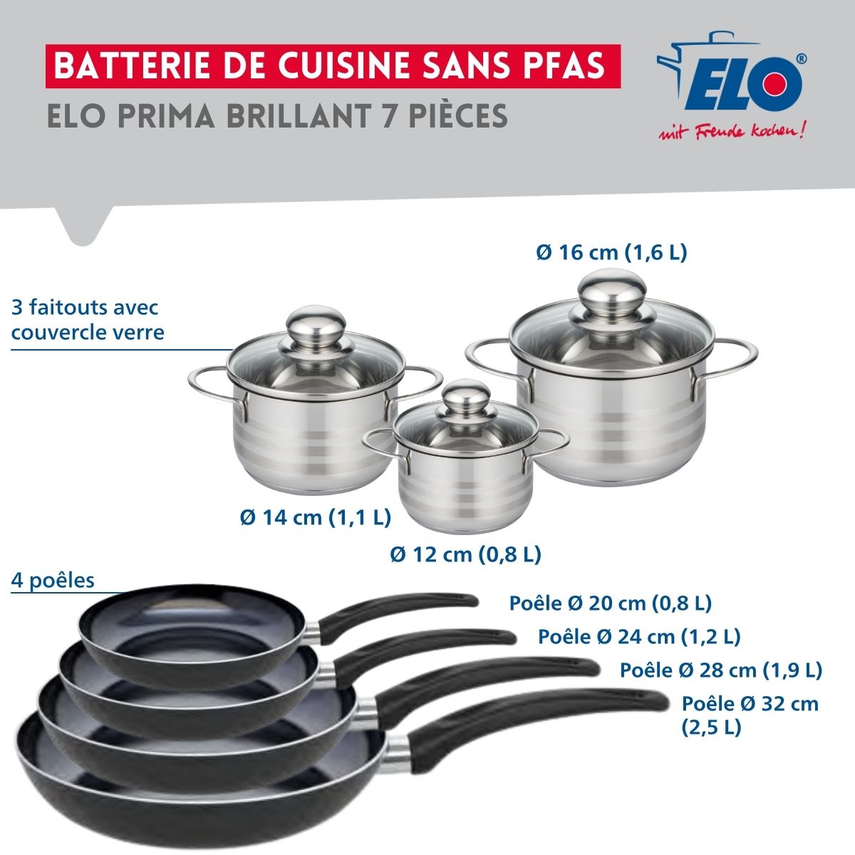 Ensemble de 4 Poêles de cuisson 20, 24, 28 et 32 cm et 3 faitouts 12, 14 et 16 cm  Prima Brillant Elo - Mathon - 2