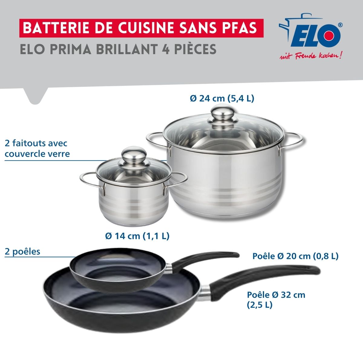 Ensemble de 2 Poêles de cuisson 20 et 32 cm et 2 faitouts 14 et 24 cm  Prima Brillant Elo - Mathon - 2