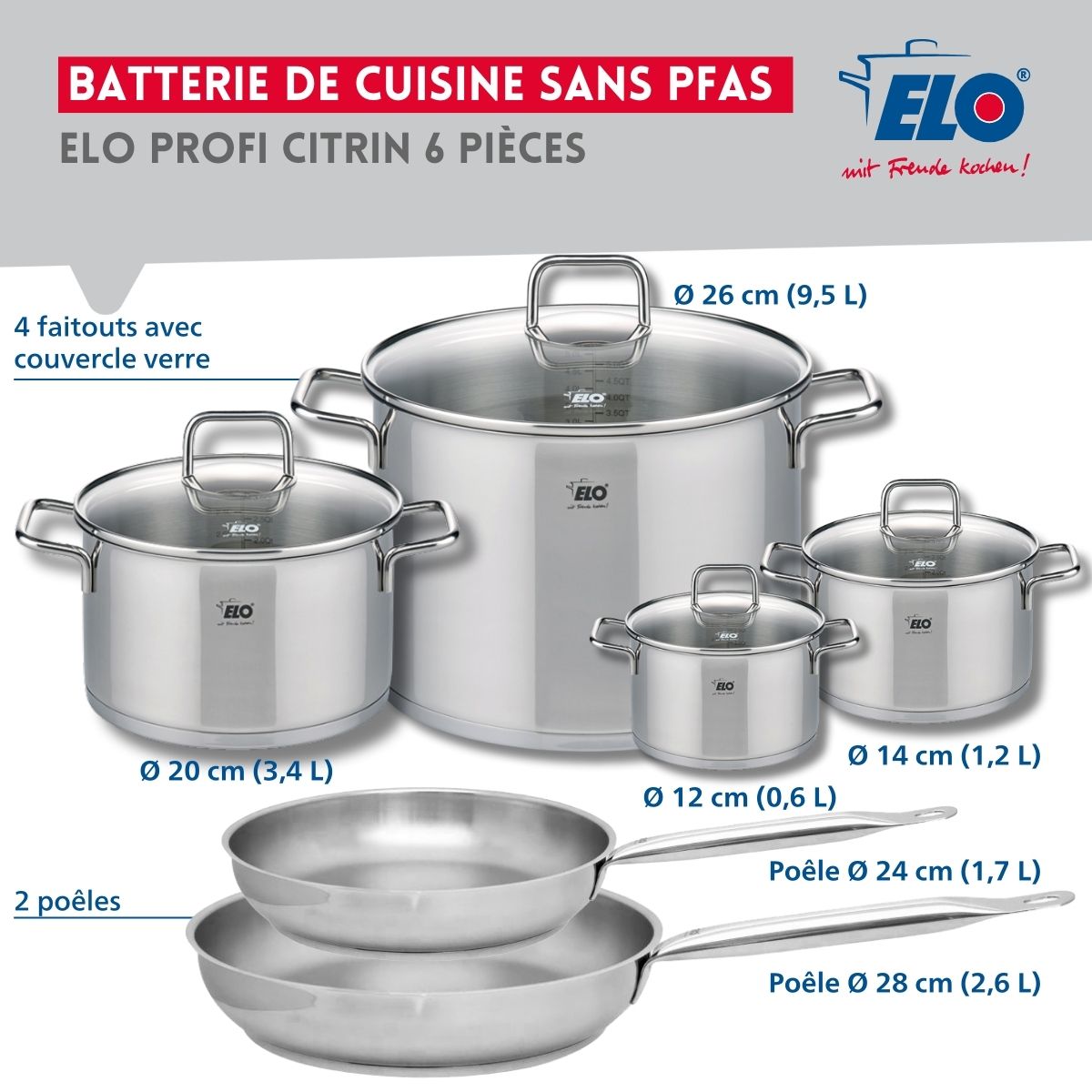 Ensemble de 2 Poêles de cuisson 24 et 28 cm et 4 faitouts 12, 14, 20 et 26 cm  Profi Citrin Elo - Mathon - 2