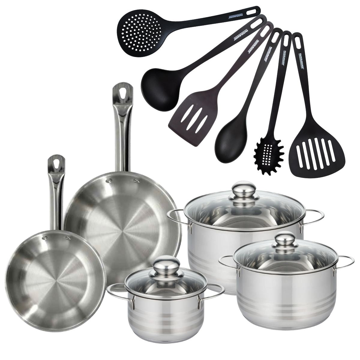 Set 2 poêles 20 24 cm en inox, 3 faitouts inox 16, 20 et 24 cm et 6 ustensiles RPET  Eterna Fackelmann - Mathon - 1
