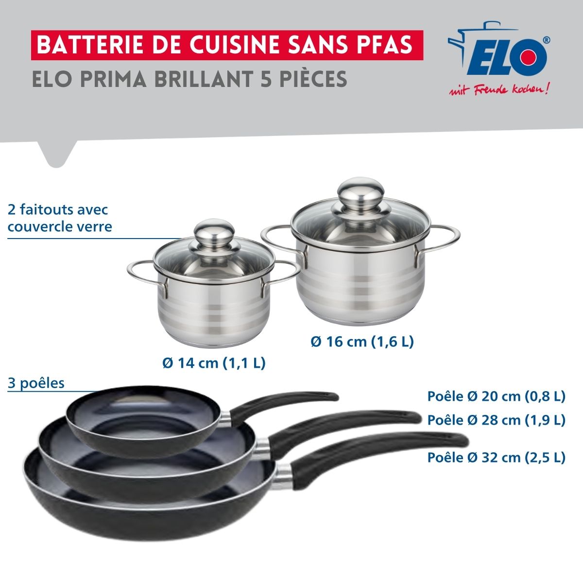 Ensemble de 3 Poêles de cuisson 20, 28 et 32 cm et 2 faitouts 14 et 16 cm  Prima Brillant Elo - Mathon - 2