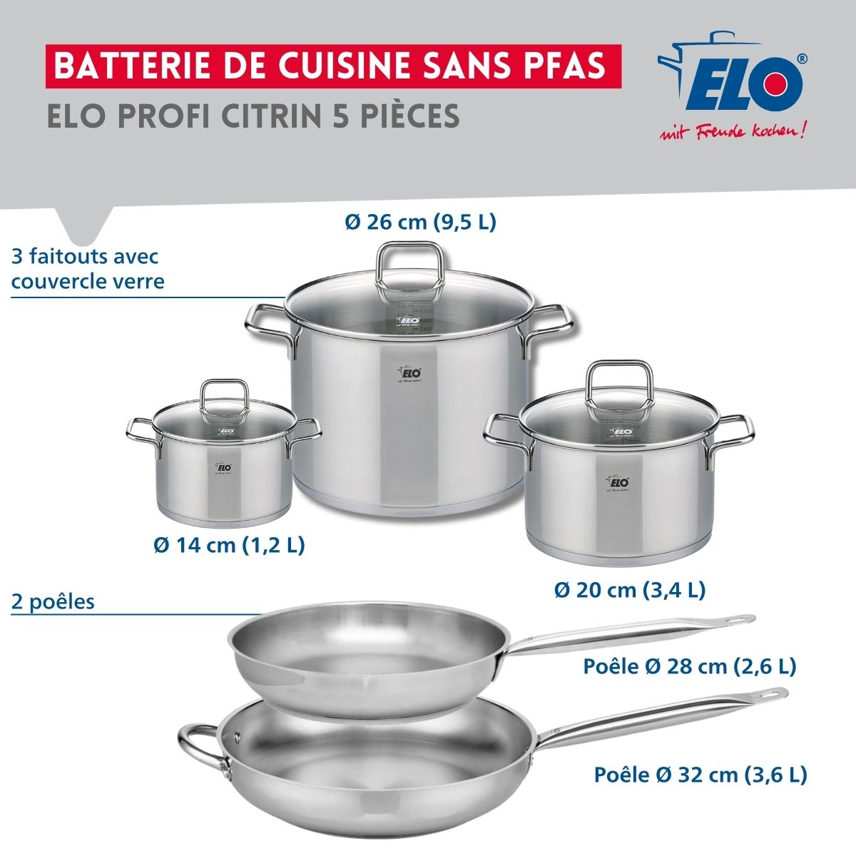 Ensemble de 2 Poêles de cuisson 28 et 32 cm et 3 faitouts 14, 20 et 26 cm  Profi Citrin Elo - Mathon - 2