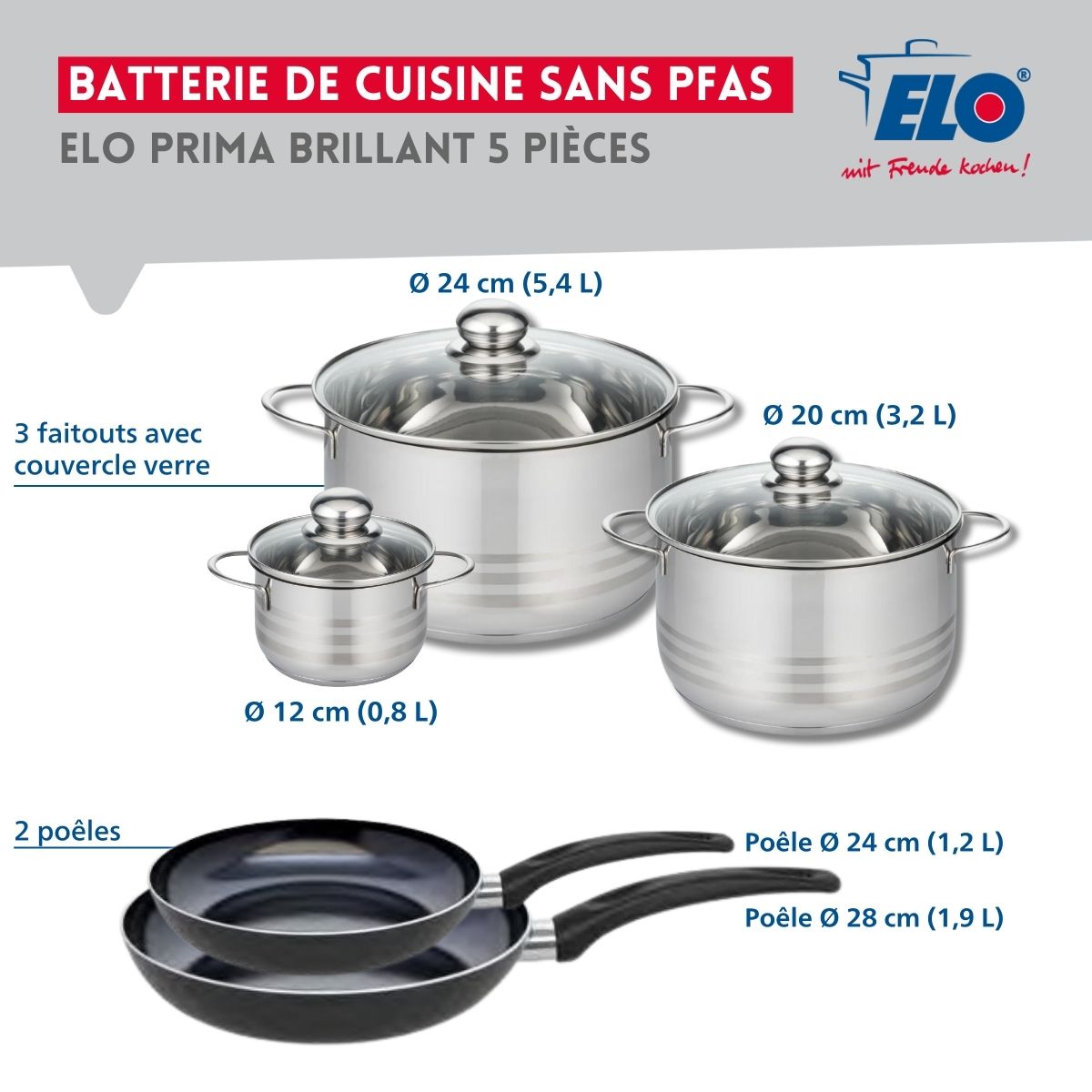 Ensemble de 2 Poêles de cuisson 24 et 28 cm et 3 faitouts 12, 20 et 24 cm  Prima Brillant Elo - Mathon - 2